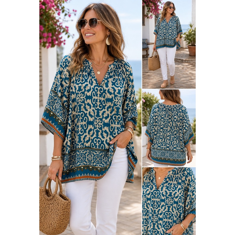 Boho Teal Print Blouse NWT Flowy Tunic Resort Coastal Chic Top L